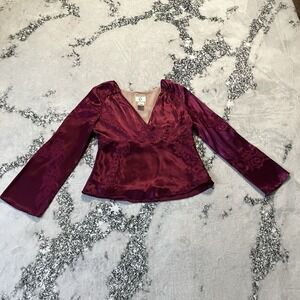 Ice Blouse Womens Size Large‎ Burgundy Floral Burnout Long Sleeve V Neck